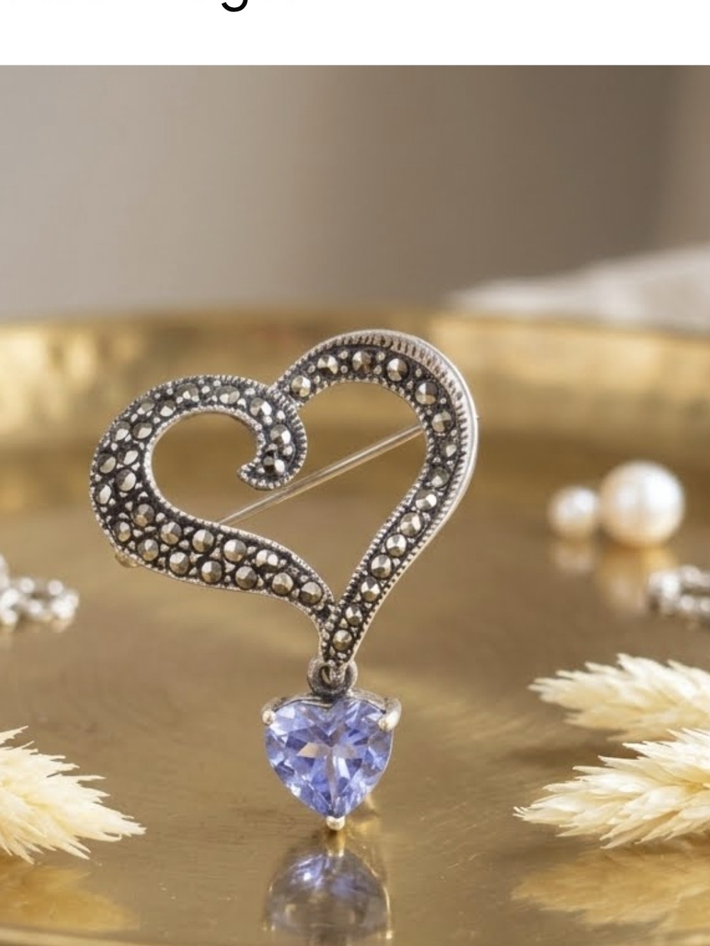 925 Sterling Silver Heart-Shaped Marcasite Brooch with Blue Heart Gem
